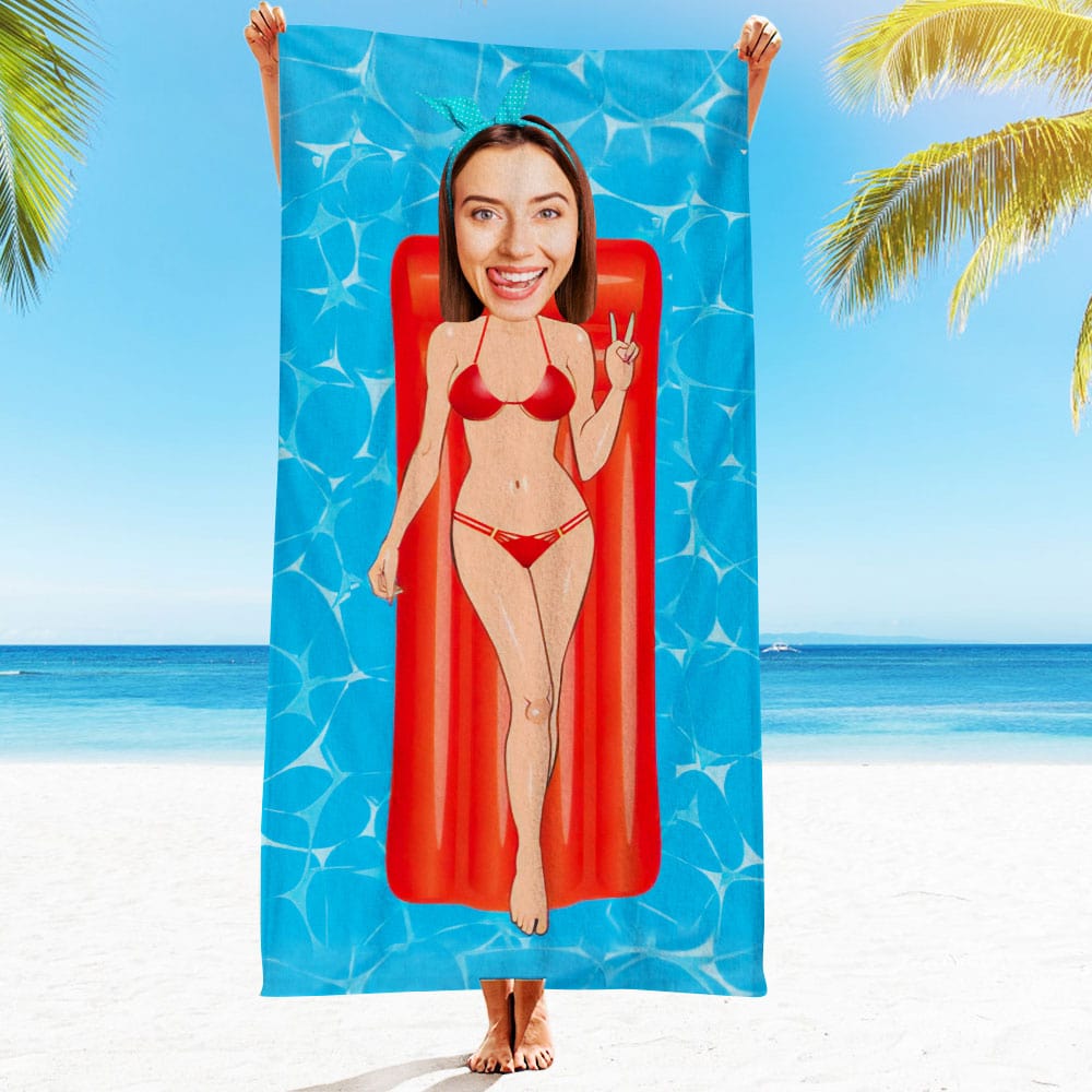 Custom Face Beach Towel Personalized Red Bikini Style Beach Towel Funny Gift for Summer - MyFaceBoxer