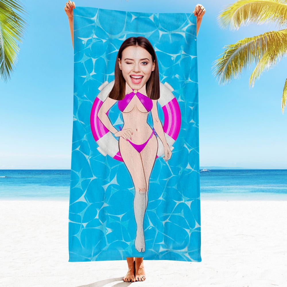 Custom Face Beach Towel Personalized Purple Bikini Style Beach Towel Funny Gift for Summer - MyFaceBoxer