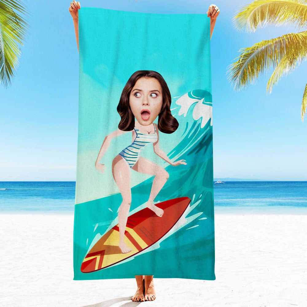 Custom Face Beach Towel Personalized Surf Girl Style Beach Towel Funny Gift for Summer - MyFaceBoxer