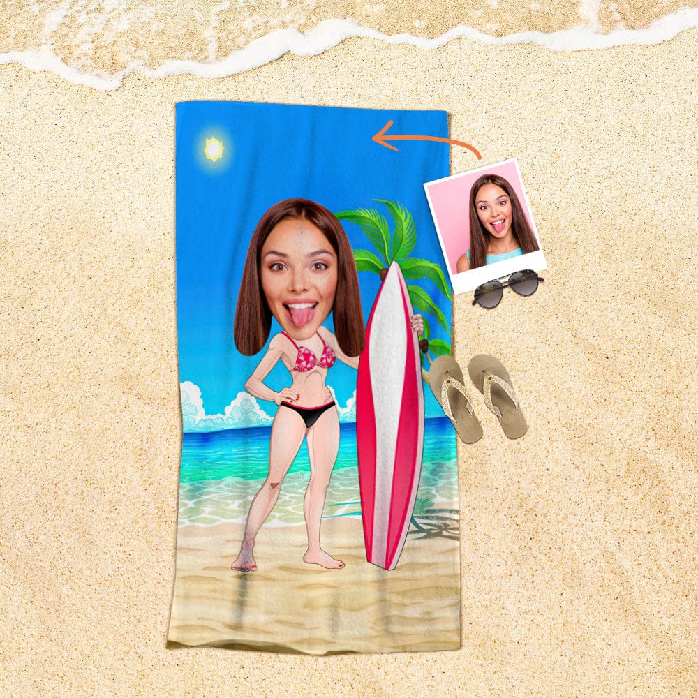 Custom Face Beach Towel Personalized Surfing Lady Style Beach Towel Funny Gift for Summer - MyFaceBoxer