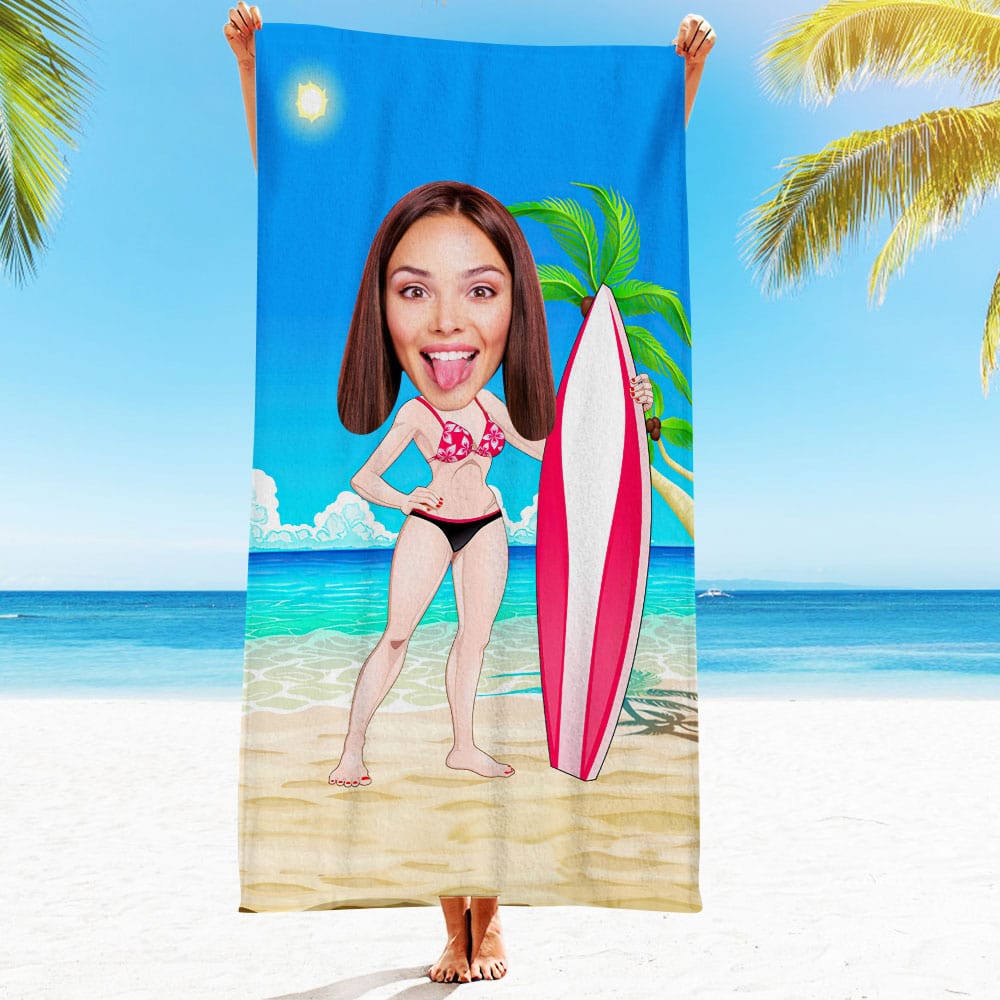 Custom Face Beach Towel Personalized Surfing Lady Style Beach Towel Funny Gift for Summer - MyFaceBoxer