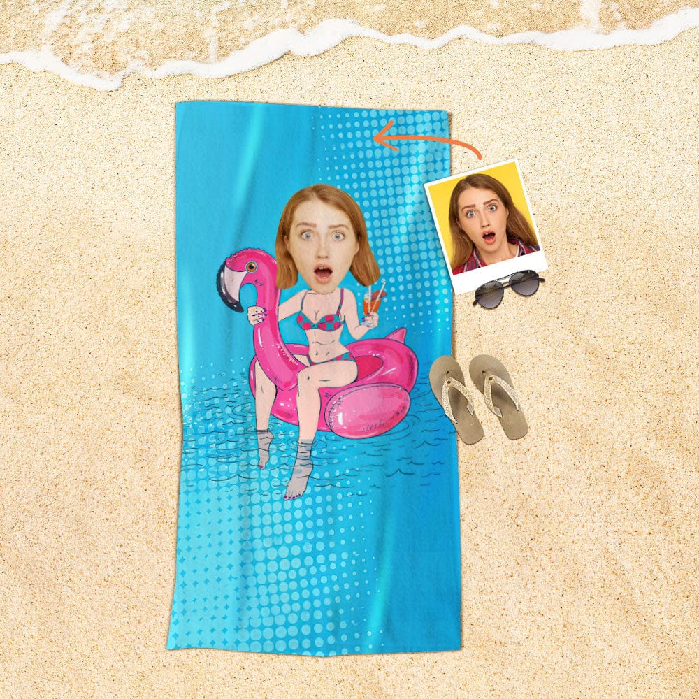 Custom Face Beach Towel Personalized Flamingo Swim Ring Bikini Girl Beach Towel Funny Gift for Summer - MyFaceBoxer