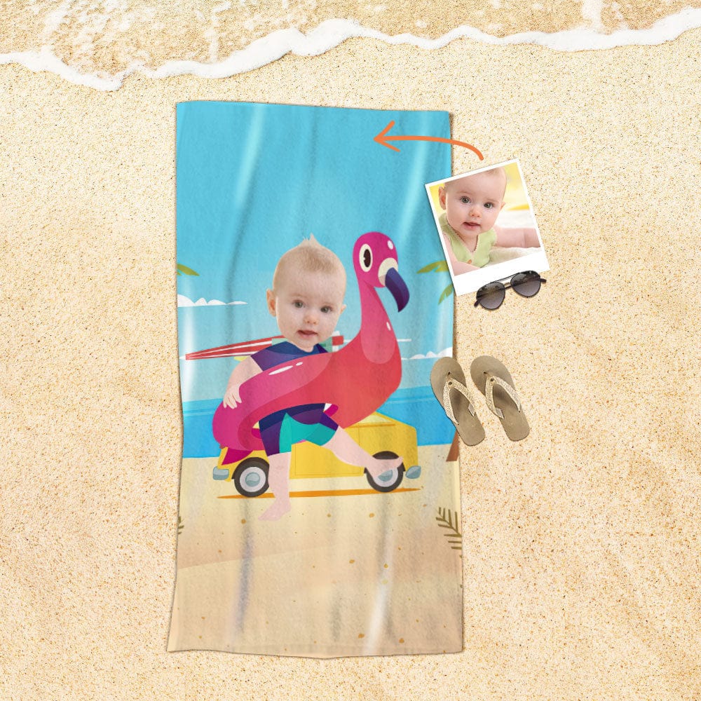 Custom Face Beach Towel Personalized Flamingo Swim Ring Boy Beach Towel Funny Gift for Summer - MyFaceBoxer