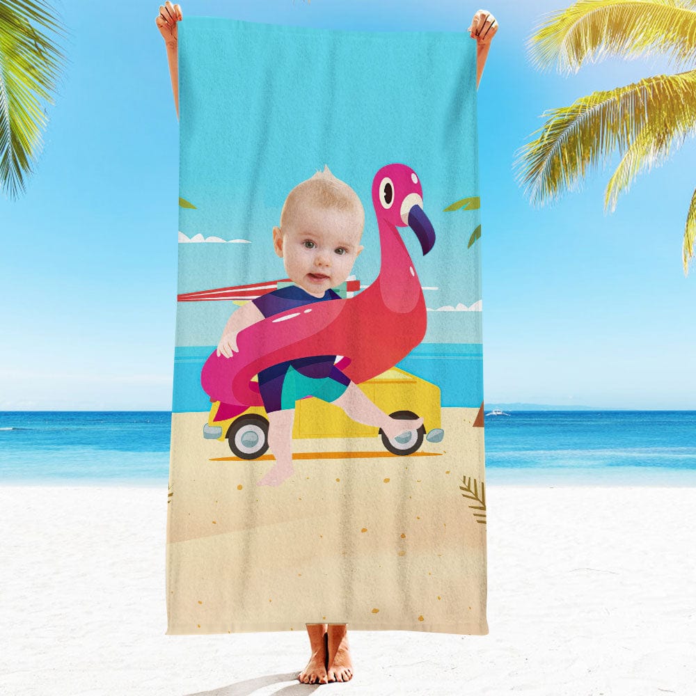 Custom Face Beach Towel Personalized Flamingo Swim Ring Boy Beach Towel Funny Gift for Summer - MyFaceBoxer