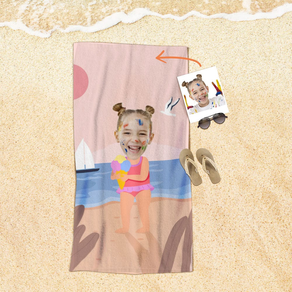 Custom Face Beach Towel Personalized Ice Cream Girl Beach Towel Funny Gift for Summer - MyFaceBoxer