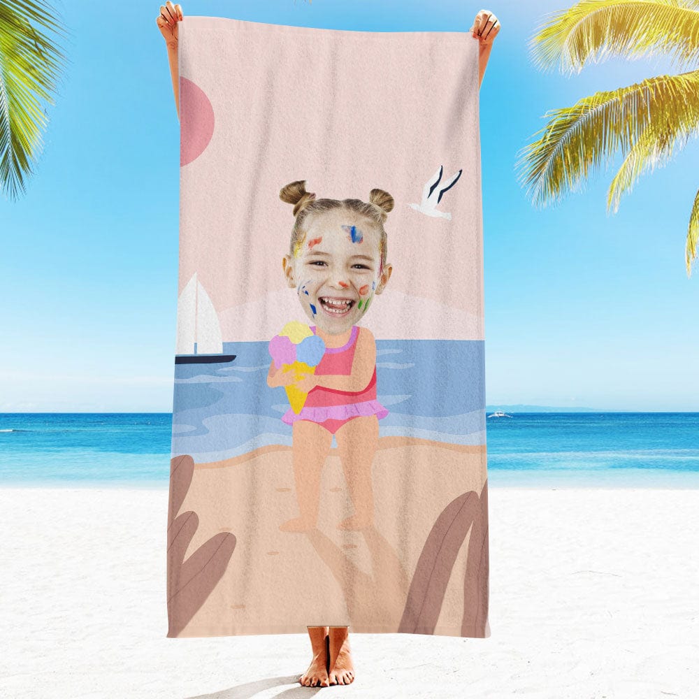 Custom Face Beach Towel Personalized Ice Cream Girl Beach Towel Funny Gift for Summer - MyFaceBoxer