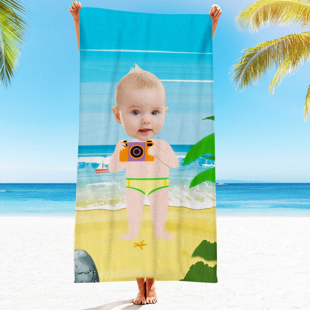 Custom Face Beach Towel Personalized Camera Boy Beach Towel Funny Gift for Summer - MyFaceBoxer