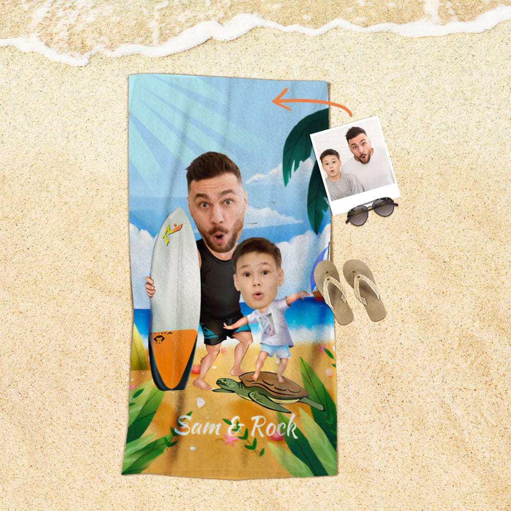 Custom Face Beach Towel Personalized Surfing Daddy and Me Beach Towel Funny Gift for Summer - MyFaceBoxer