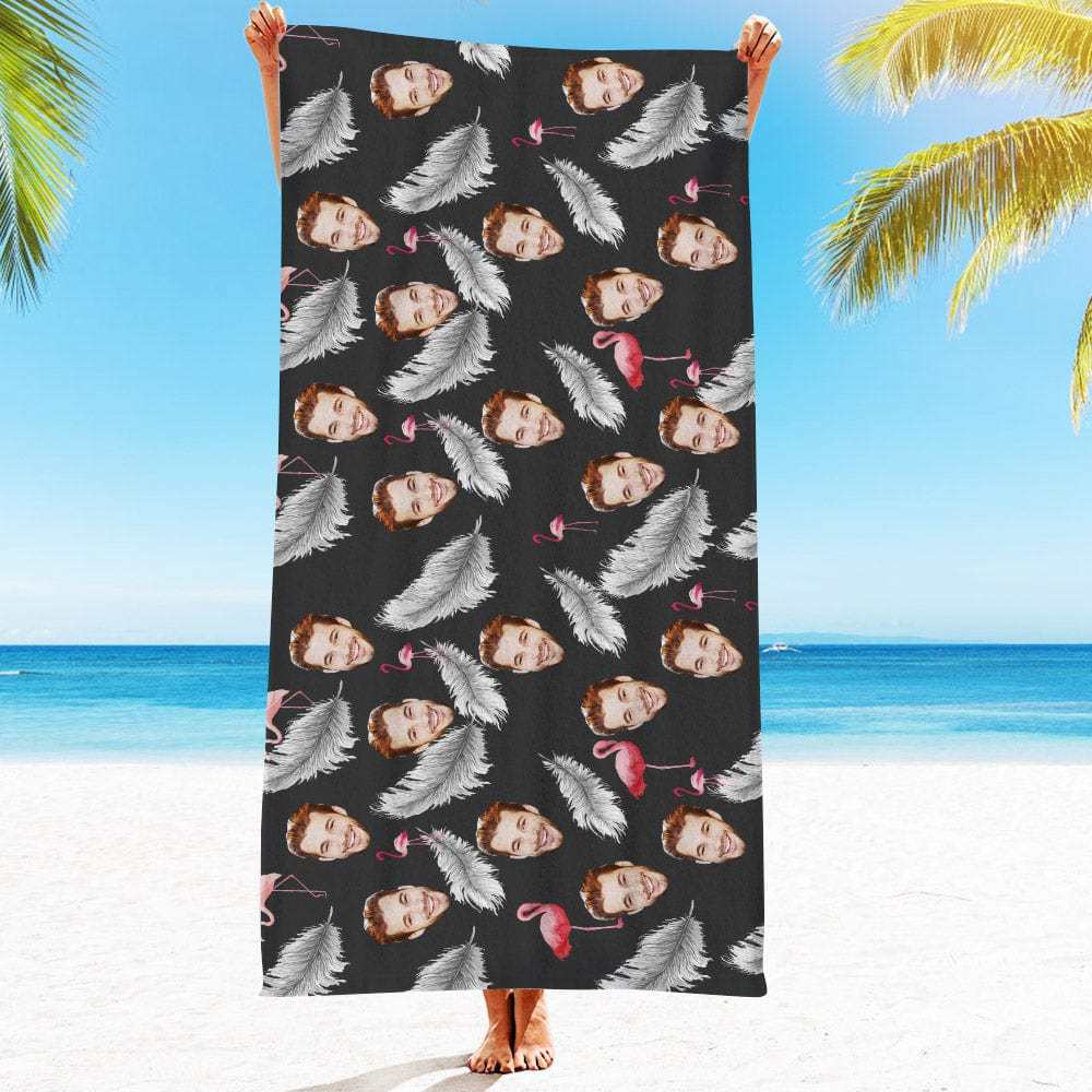 Personalized Beach Towels with Photo Custom Flamingos and Feathers Beach Towel - MyFaceBoxer