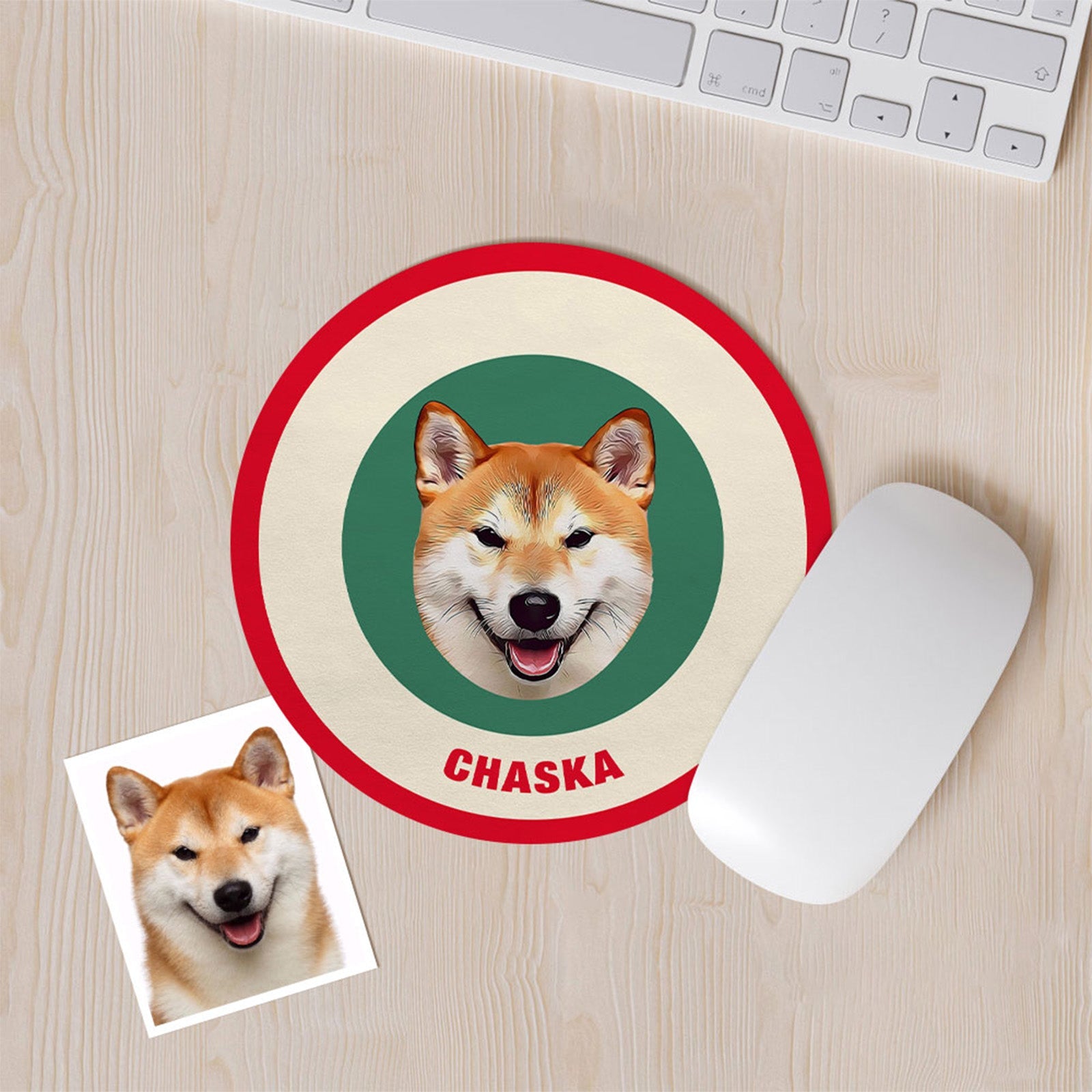 Custom Round Mouse Pad Personalized Pet Face with Name Gift for Pet Lover - Red & Green - MyFaceBoxer