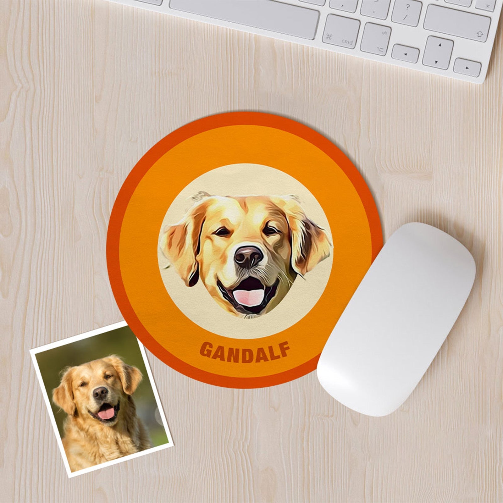 Custom Round Mouse Pad Personalized Pet Face with Name Gift for Pet Lover - Orange - MyFaceBoxer
