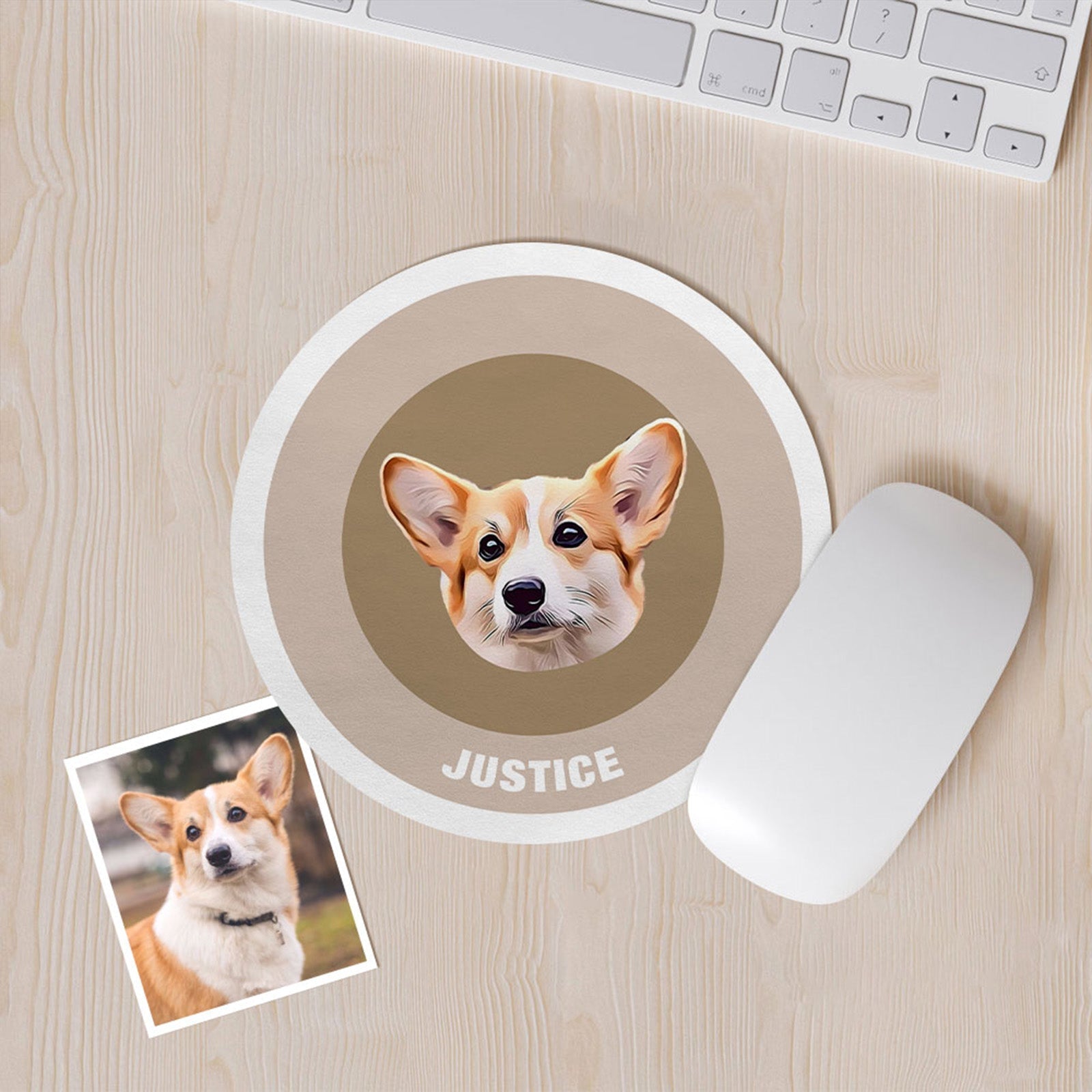 Custom Round Mouse Pad Personalized Pet Face with Name Gift for Pet Lover - Khaki - MyFaceBoxer