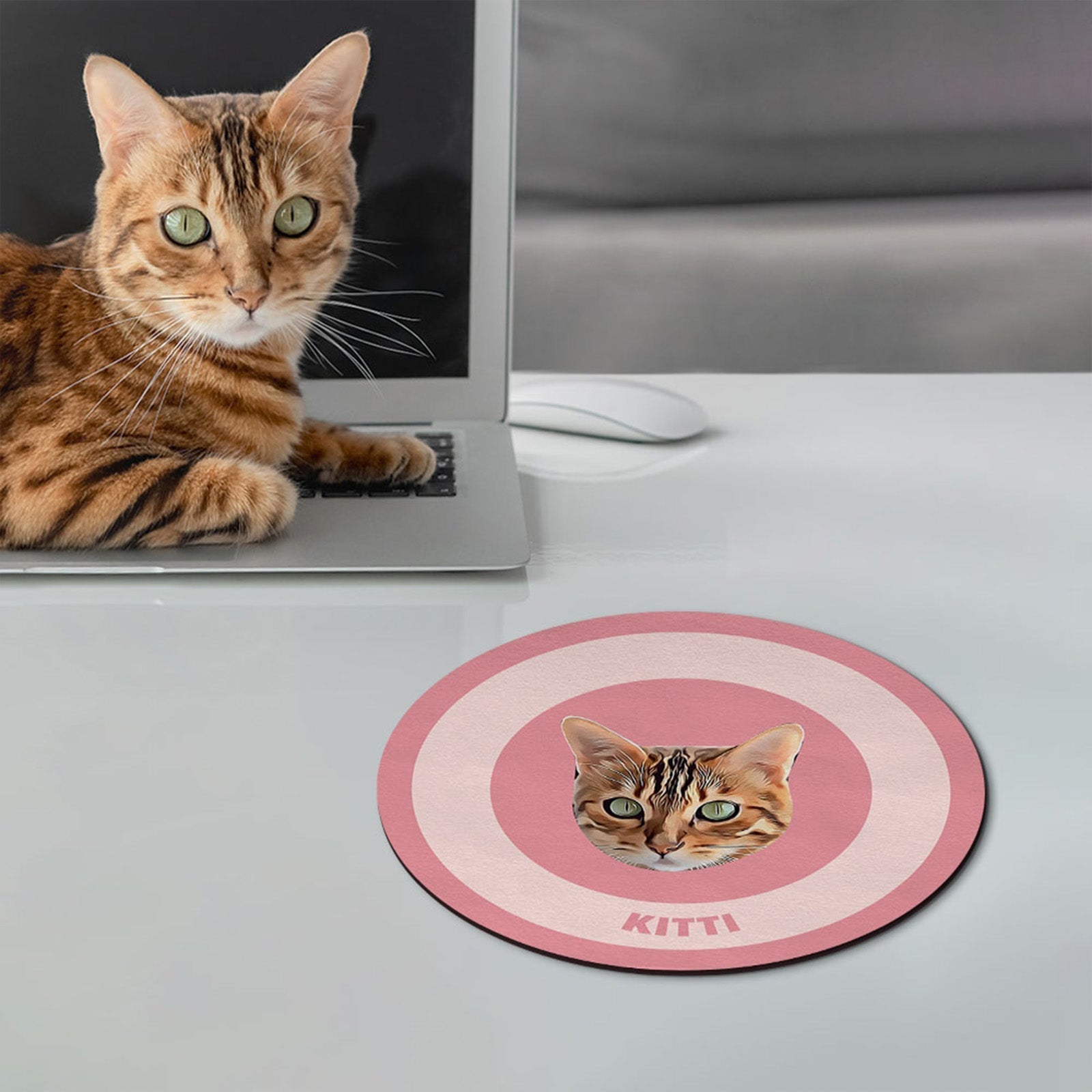Custom Round Mouse Pad Personalized Pet Face with Name Gift for Pet Lover - Pink - MyFaceBoxer