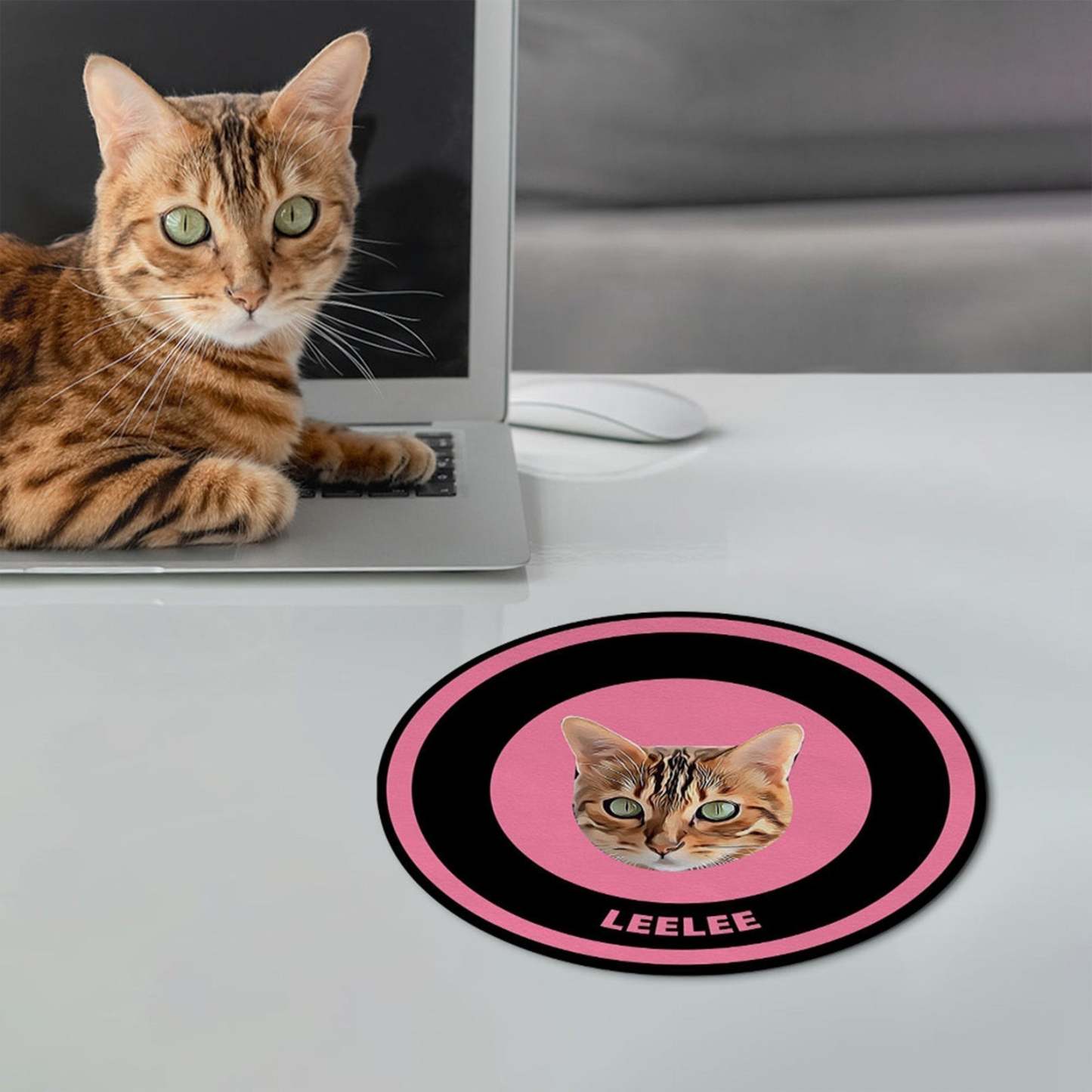 Custom Round Mouse Pad Personalized Pet Face with Name Gift for Pet Lover - Black & Pink - MyFaceBoxer