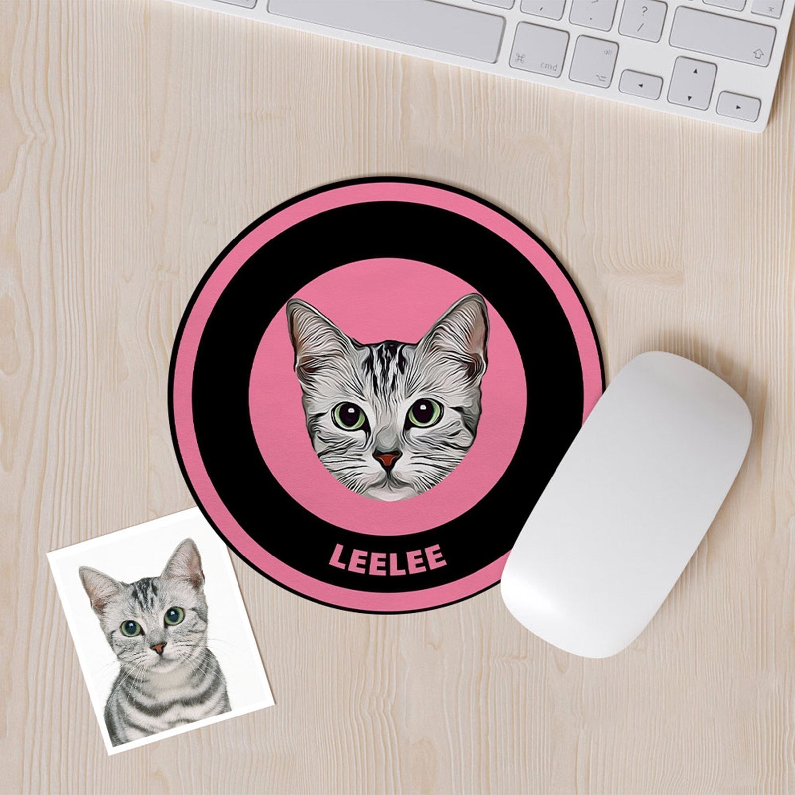 Custom Round Mouse Pad Personalized Pet Face with Name Gift for Pet Lover - Black & Pink - MyFaceBoxer
