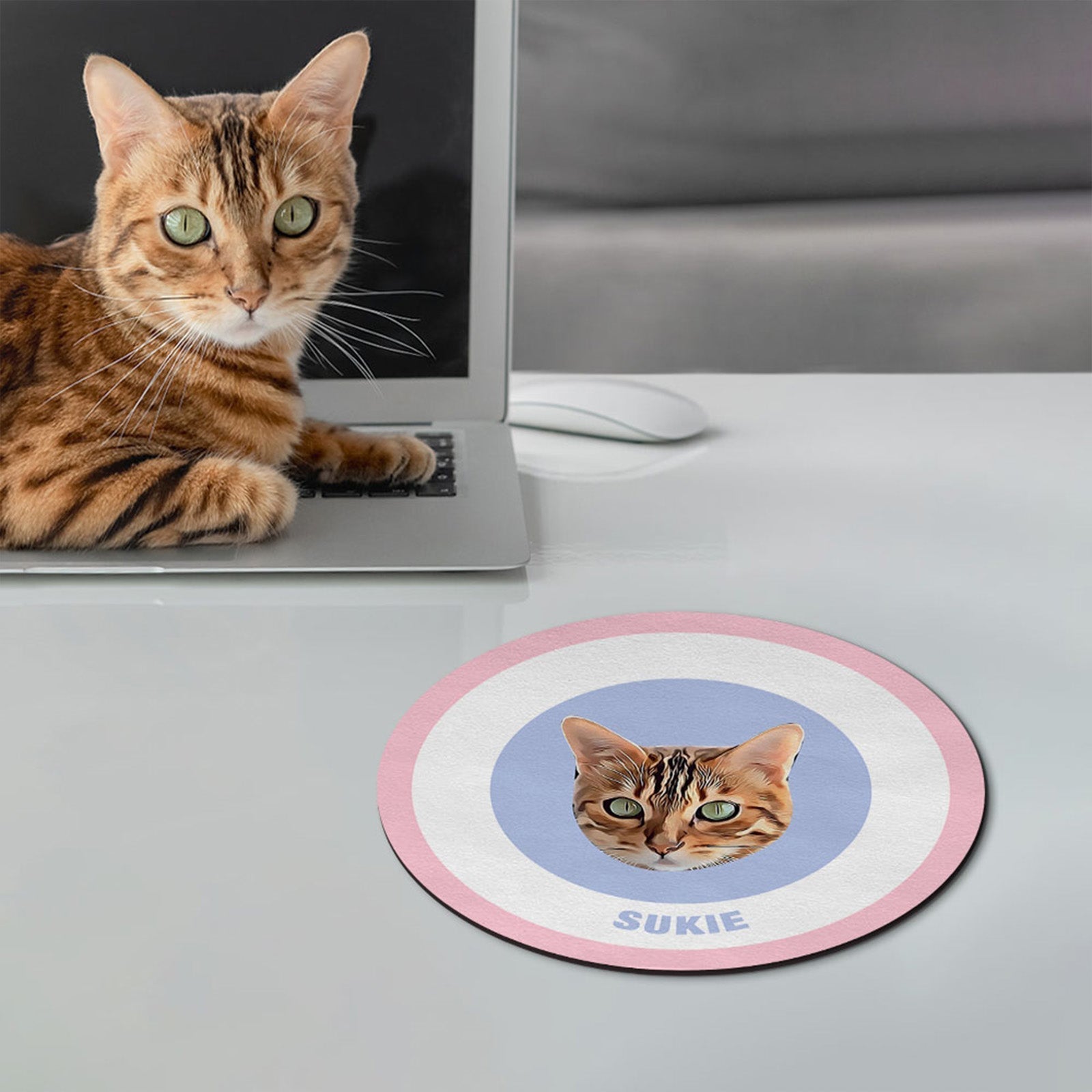 Custom Round Mouse Pad Personalized Pet Face with Name Gift for Pet Lover - Pink & Blue - MyFaceBoxer