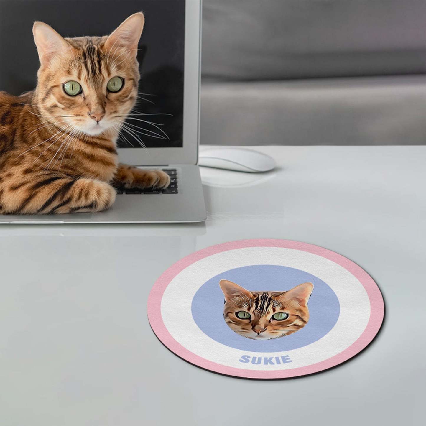 Custom Round Mouse Pad Personalized Pet Face with Name Gift for Pet Lover - Black & Pink - MyFaceBoxer