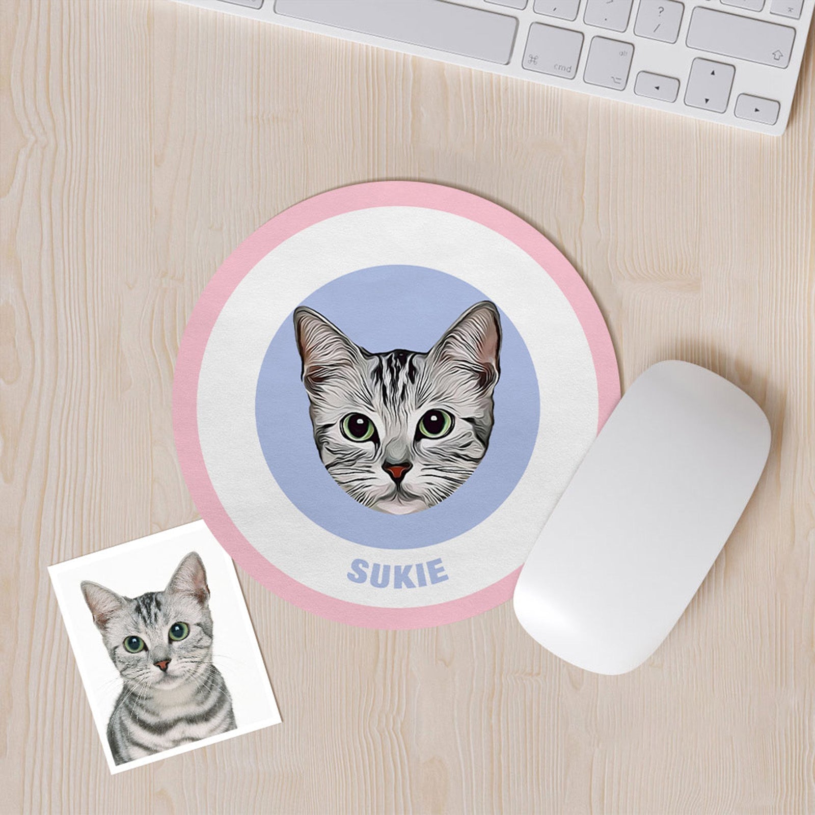 Custom Round Mouse Pad Personalized Pet Face with Name Gift for Pet Lover - Pink & Blue - MyFaceBoxer