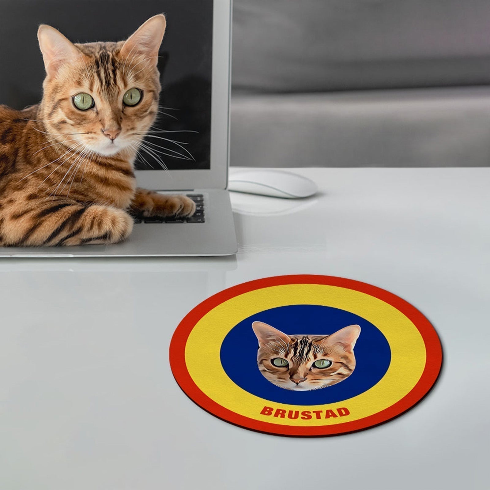 Custom Round Mouse Pad Personalized Pet Face with Name Gift for Pet Lover - Yellow & Blue - MyFaceBoxer