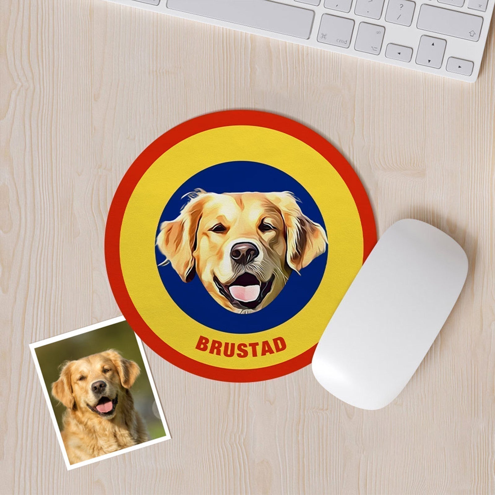 Custom Round Mouse Pad Personalized Pet Face with Name Gift for Pet Lover - Yellow & Blue - MyFaceBoxer