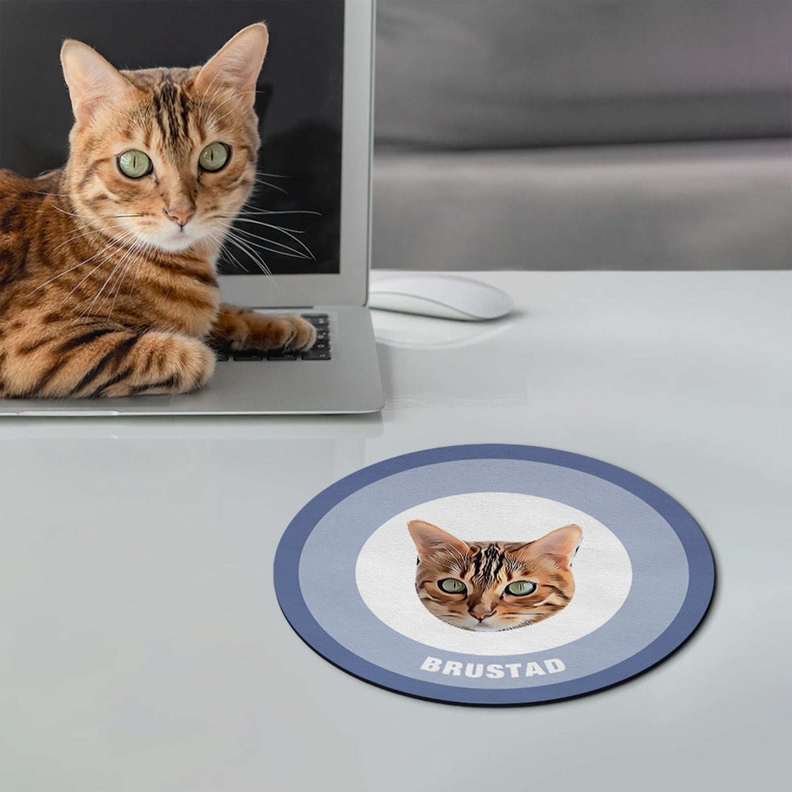 Custom Round Mouse Pad Personalized Pet Face with Name Gift for Pet Lover - Blue - MyFaceBoxer