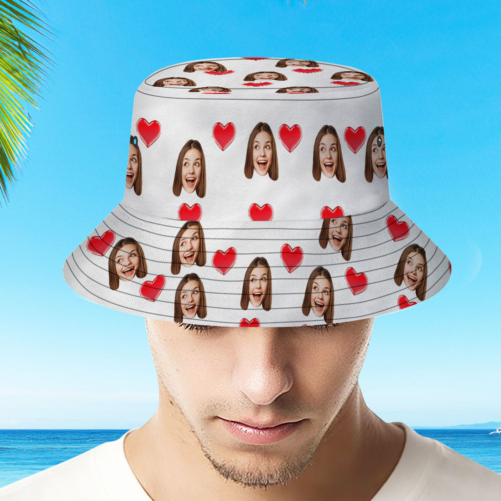 Custom Your Photo Face And Pet Summer Bucket Hat Fisherman Hat - Heart White - MyFaceBoxer