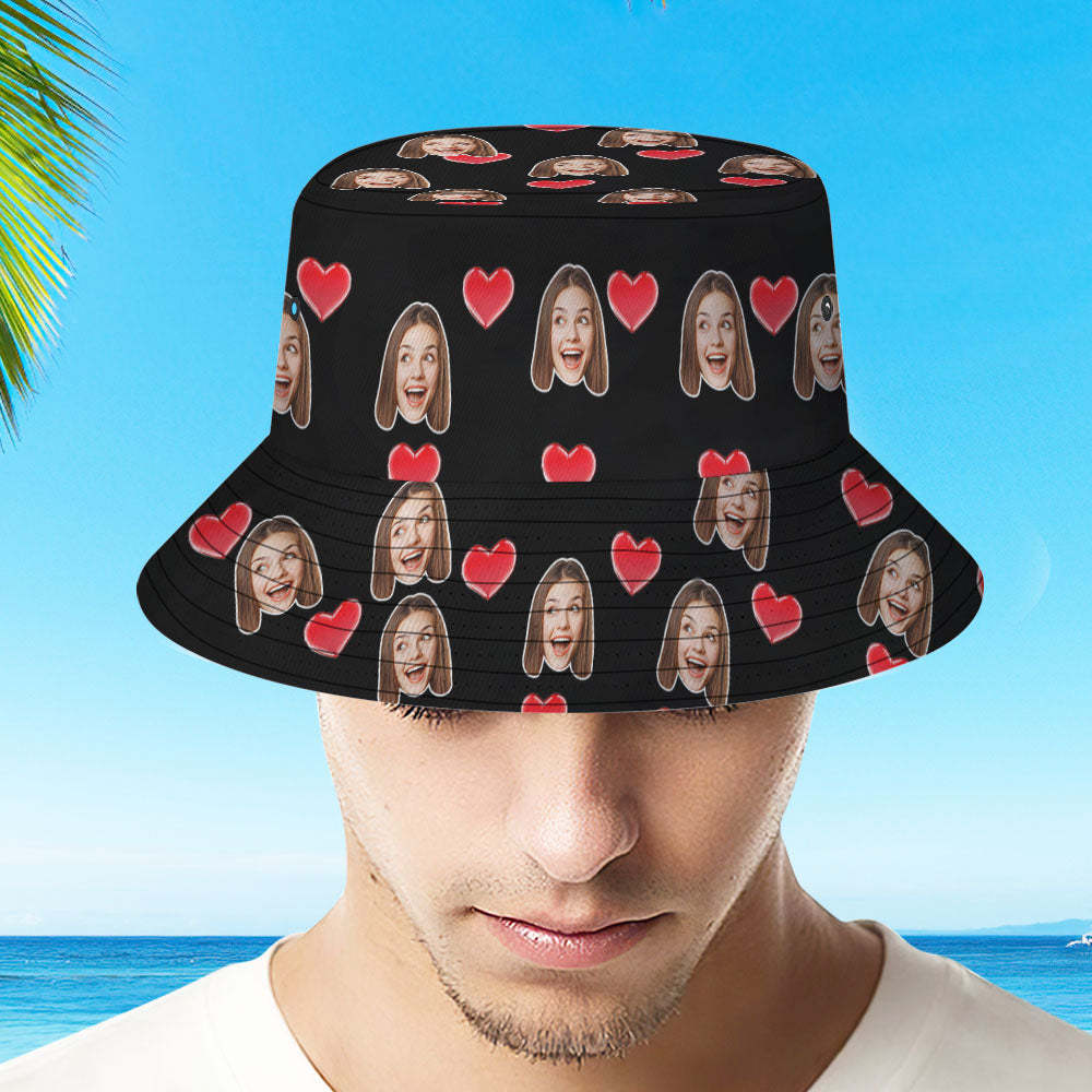 Custom Your Photo Face And Pet Summer Bucket Hat Fisherman Hat - Heart Black - MyFaceBoxer
