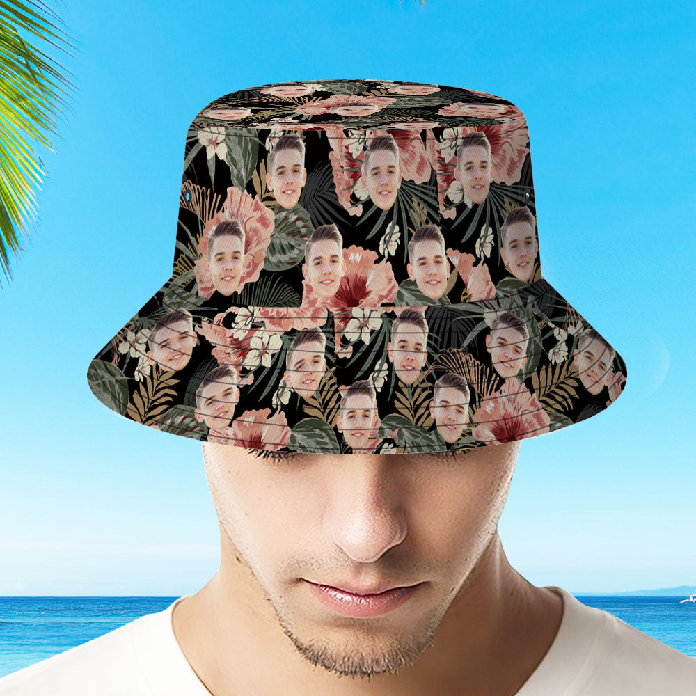 Personalized Photo Tropical Flower Print Hawaiian Fisherman Hat Bucket Hat - MyFaceBoxer