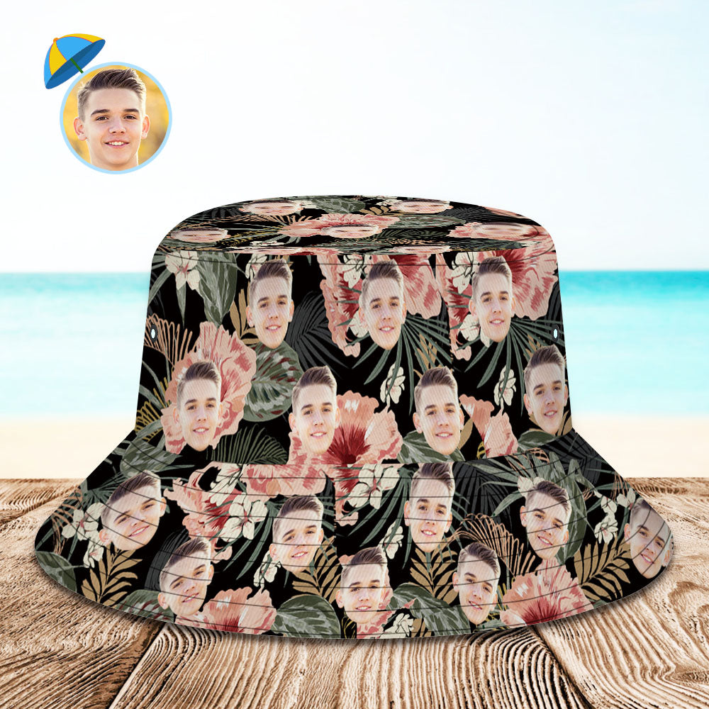 Personalized Photo Tropical Flower Print Hawaiian Fisherman Hat Bucket Hat - MyFaceBoxer