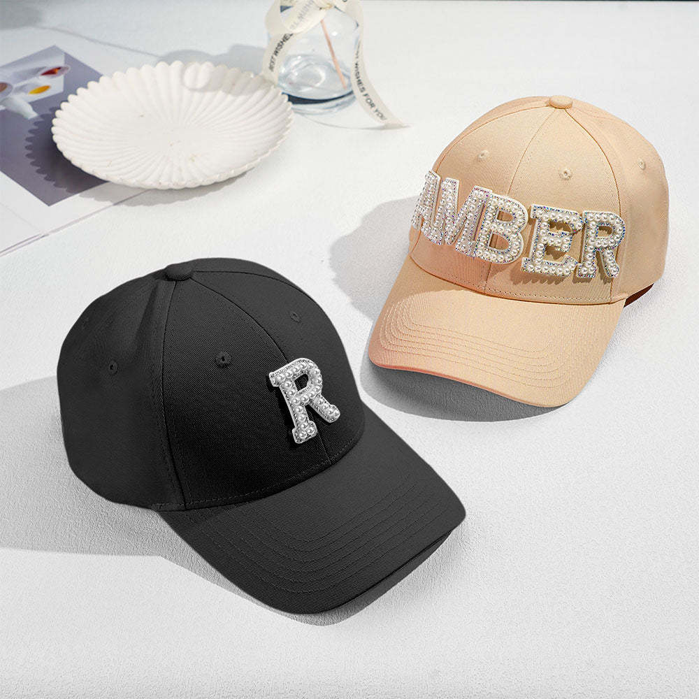 Custom Pearl Letter Baseball Cap Personalized Name Fashion Sun Cap Summer Gift for Her - MyFaceBoxer