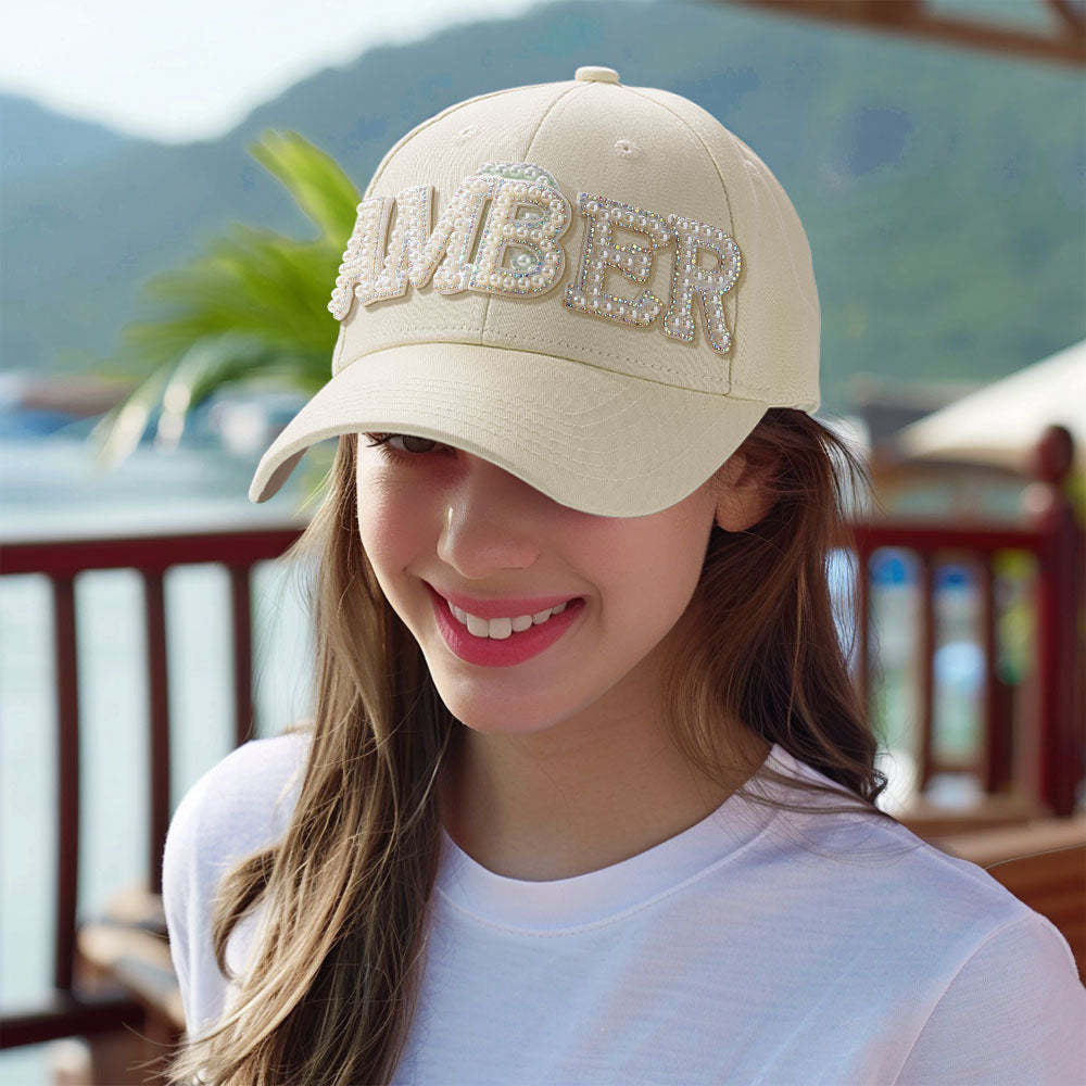 Custom Pearl Letter Baseball Cap Personalized Name Fashion Sun Cap Summer Gift for Her - MyFaceBoxer