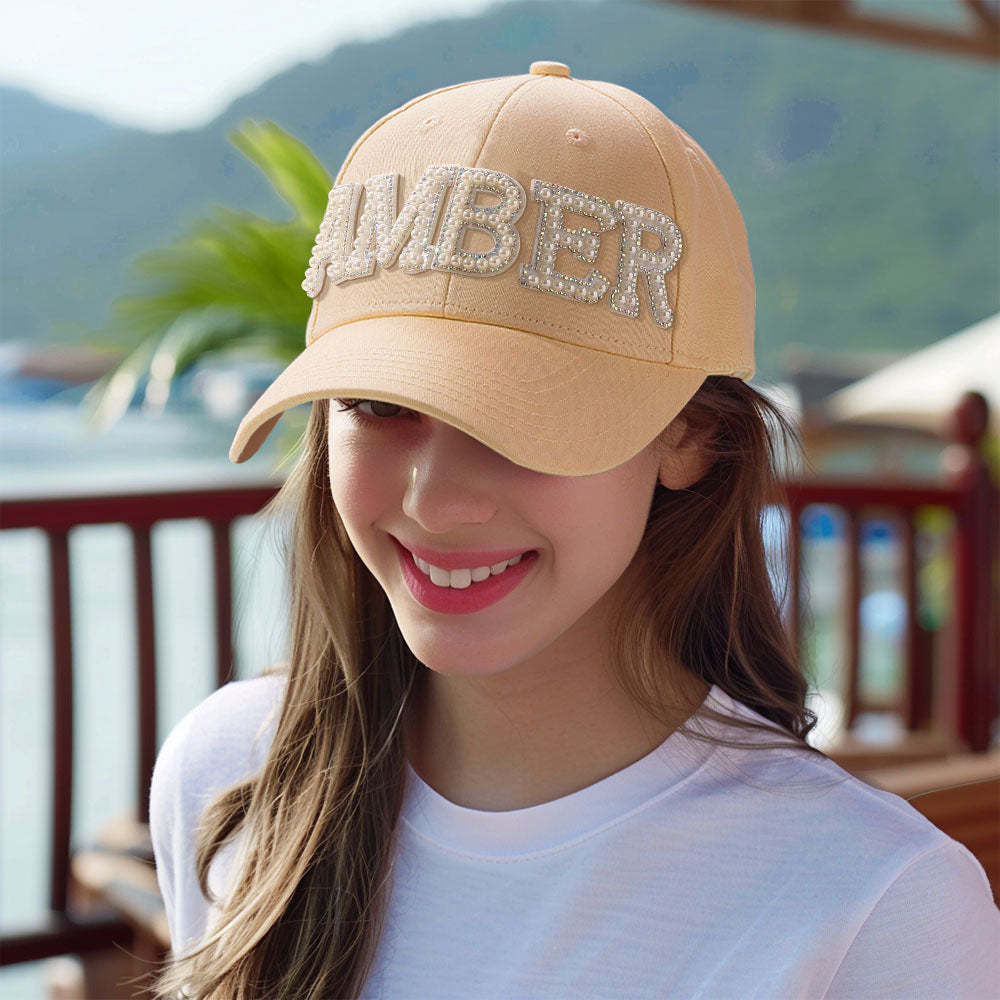 Custom Pearl Letter Baseball Cap Personalized Name Fashion Sun Cap Summer Gift for Her - MyFaceBoxer