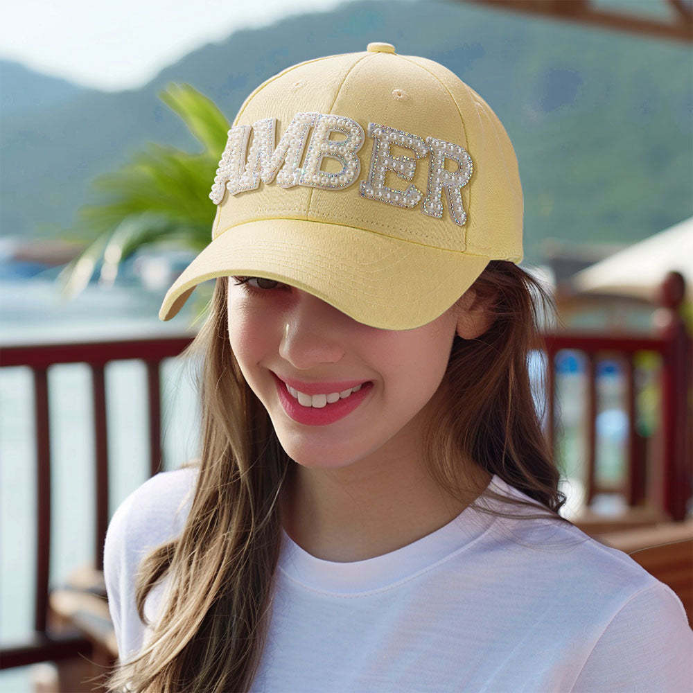 Custom Pearl Letter Baseball Cap Personalized Name Fashion Sun Cap Summer Gift for Her - MyFaceBoxer