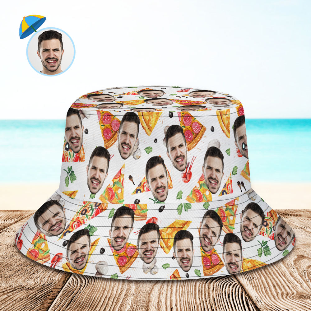 Custom Bucket Hat Personalize Face Pizza Bucket Hat Summer Wide Brim Fisherman Hat Gifts - MyFaceBoxer