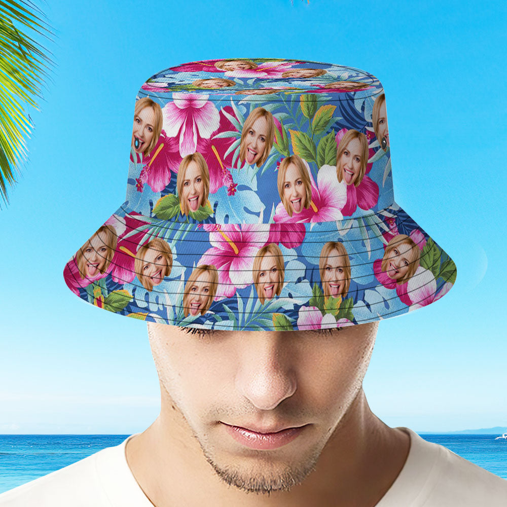 Custom Bucket Hat Personalized Face All Over Print Tropical Flower Print Hawaiian Fisherman Hat - Pink Flowers - MyFaceBoxer