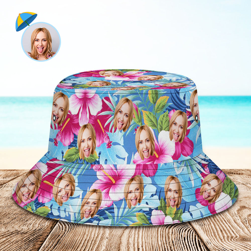 Custom Bucket Hat Personalized Face All Over Print Tropical Flower Print Hawaiian Fisherman Hat - Pink Flowers - MyFaceBoxer