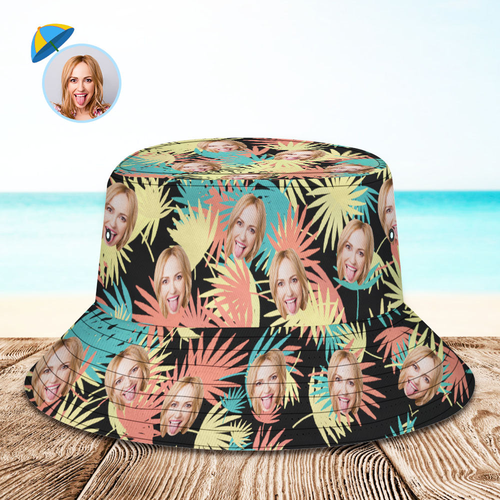 Custom Bucket Hat Personalized Face All Over Print Tropical Flower Print Hawaiian Fisherman Hat - Leaves - MyFaceBoxer