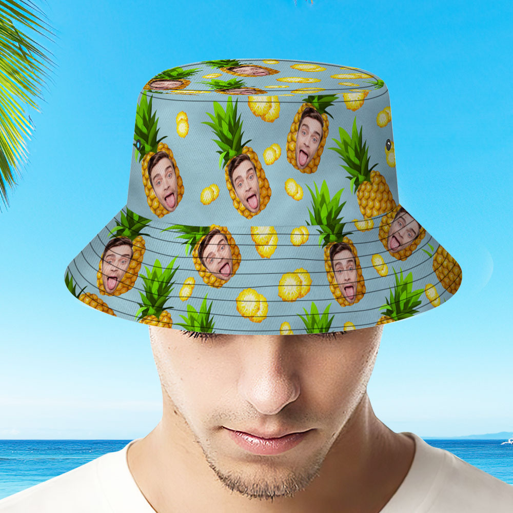 Personalized Photo Gift Funny Cartoon Pineapple Bucket Hat Hawaiian Fisherman Hat - MyFaceBoxer