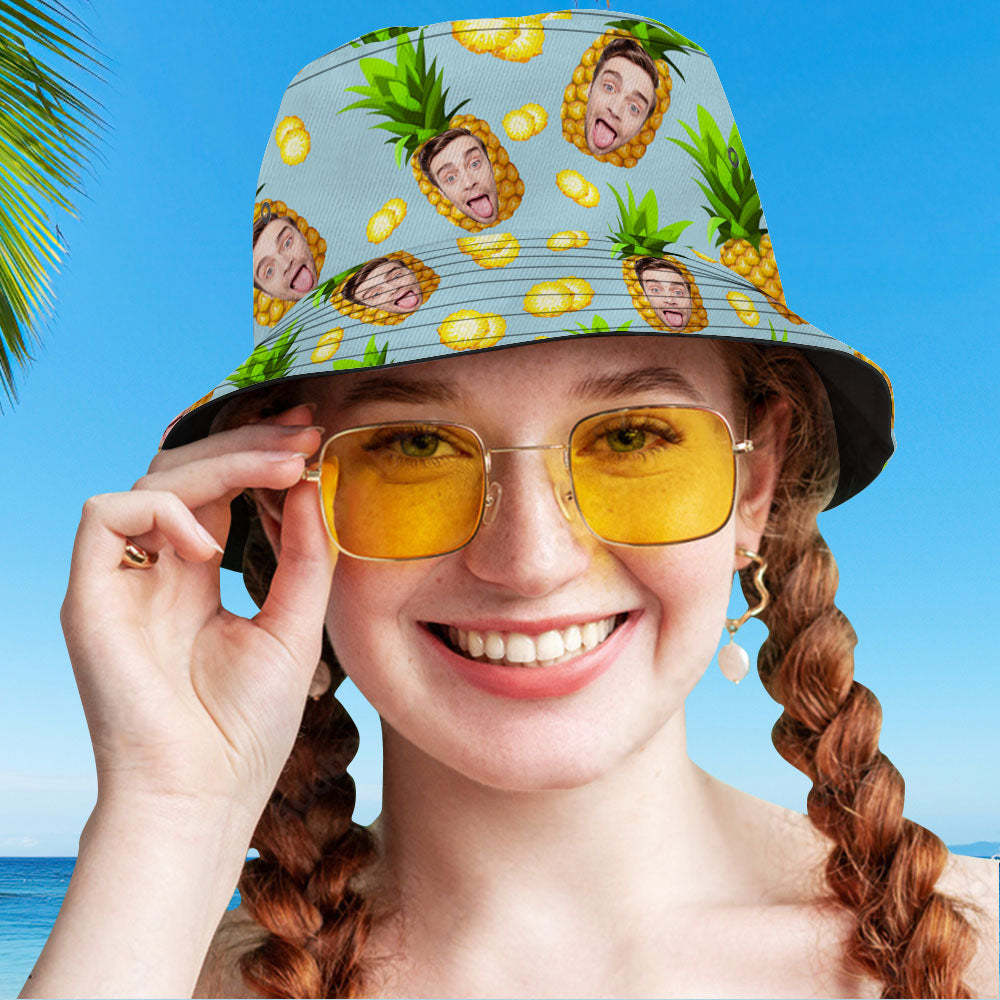 Personalized Photo Gift Funny Cartoon Pineapple Bucket Hat Hawaiian Fisherman Hat - MyFaceBoxer