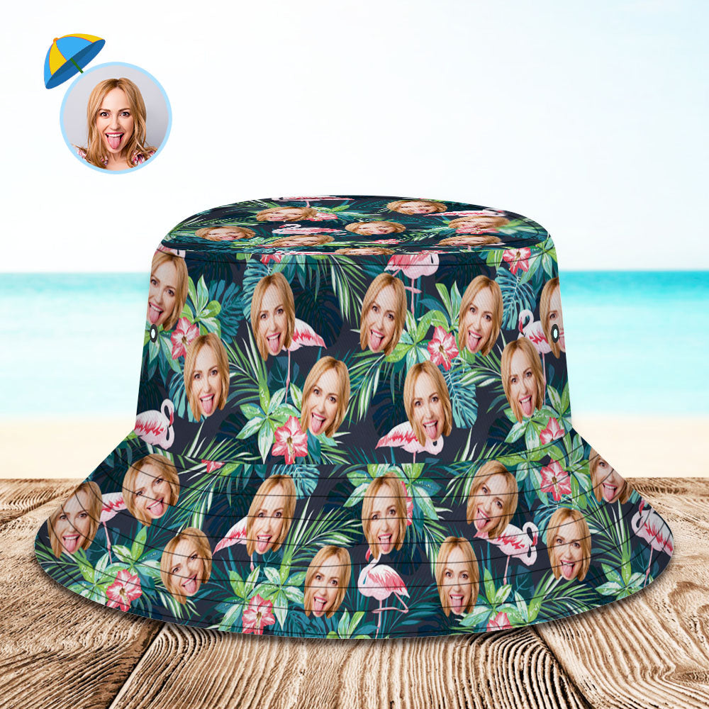 Custom Bucket Hat Personalized Face All Over Print Tropical Flower Print Hawaiian Fisherman Hat - Flamingo - MyFaceBoxer