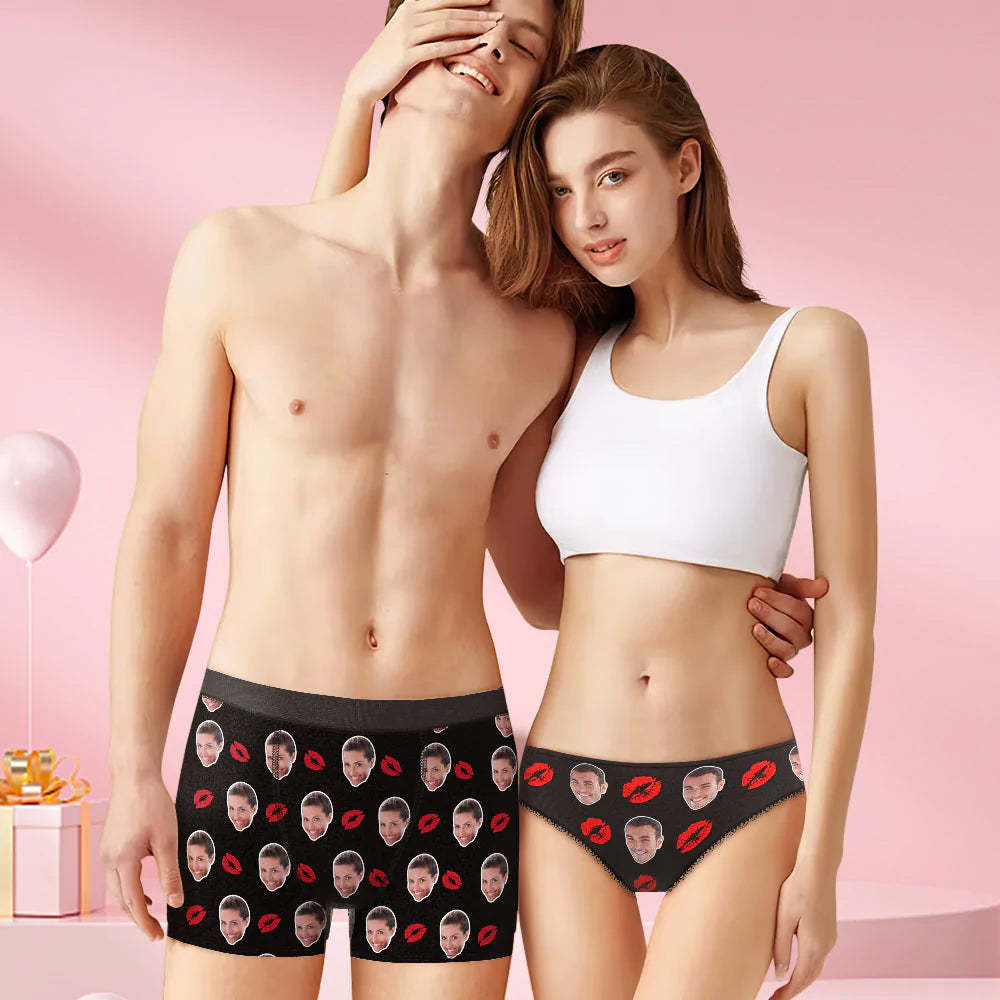 Custom Face Couple Matching Underwear Red Lipstick Personalized Funny Underwear Gift for Lovers - MyFaceBoxer