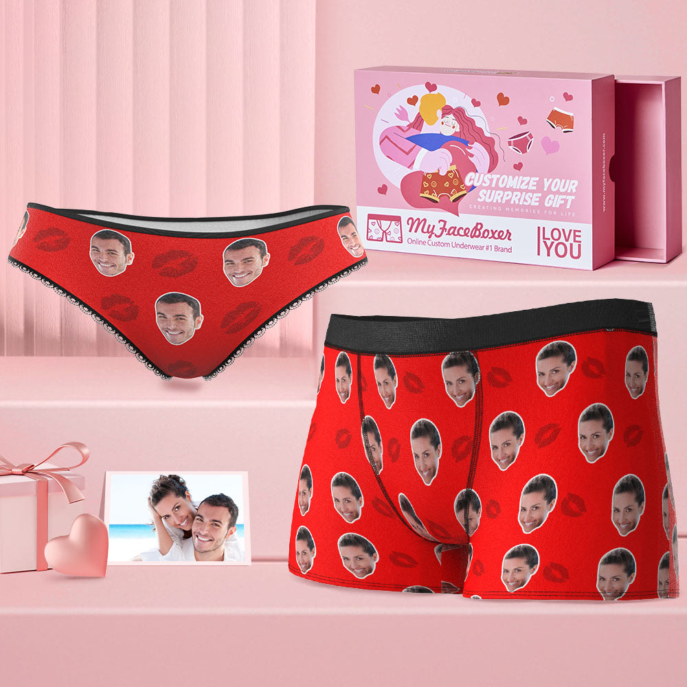 Custom Face Couple Matching Underwear Red Lipstick Personalized Colorful Funny Underwear Gift for Lovers - MyFaceBoxer