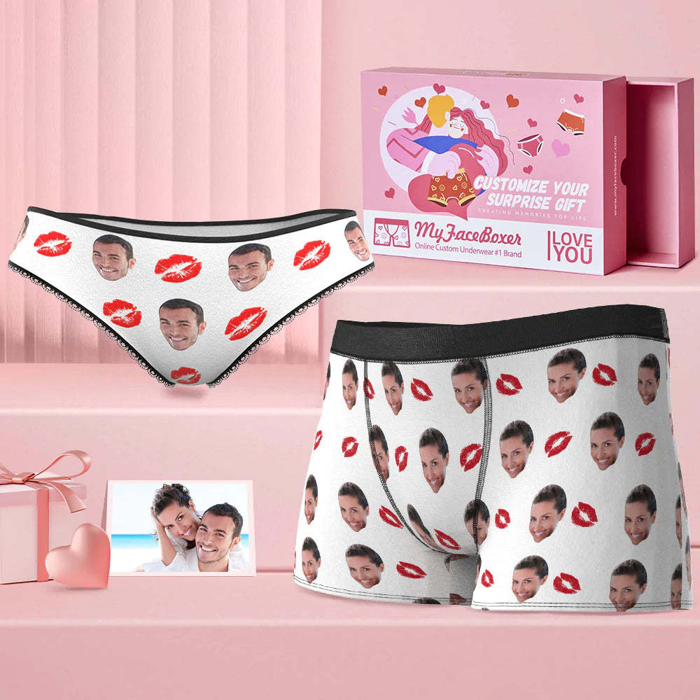 Custom Face Couple Matching Underwear Red Lipstick Personalized Funny Underwear Gift for Lovers - MyFaceBoxer