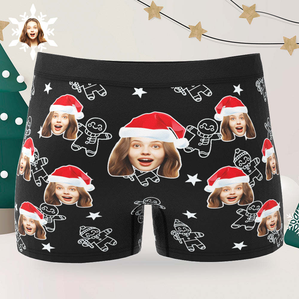 Custom Christmas Underwear with Face Personalized Boxers Printed with Biscuit Pattern & Hats Gift for Boyfriend - MyFaceBoxer