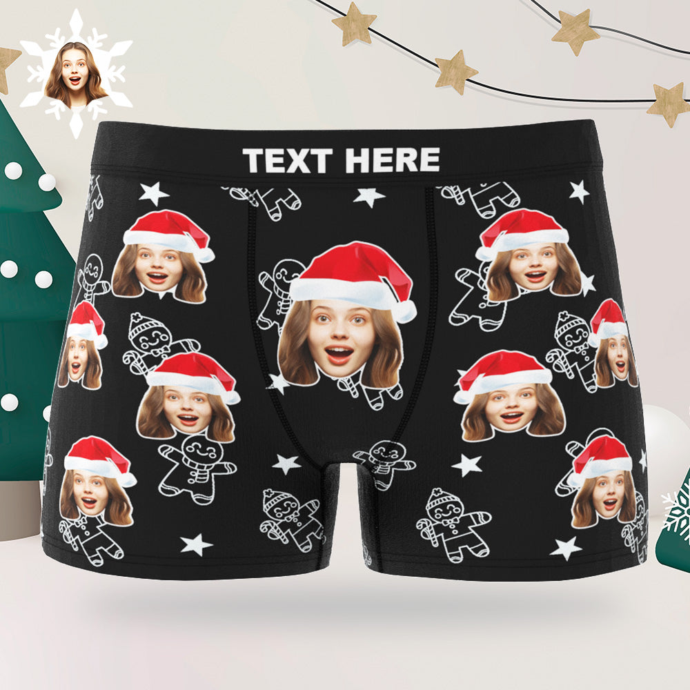 Custom Christmas Underwear with Face Personalized Boxers Printed with Biscuit Pattern & Hats Gift for Boyfriend - MyFaceBoxer