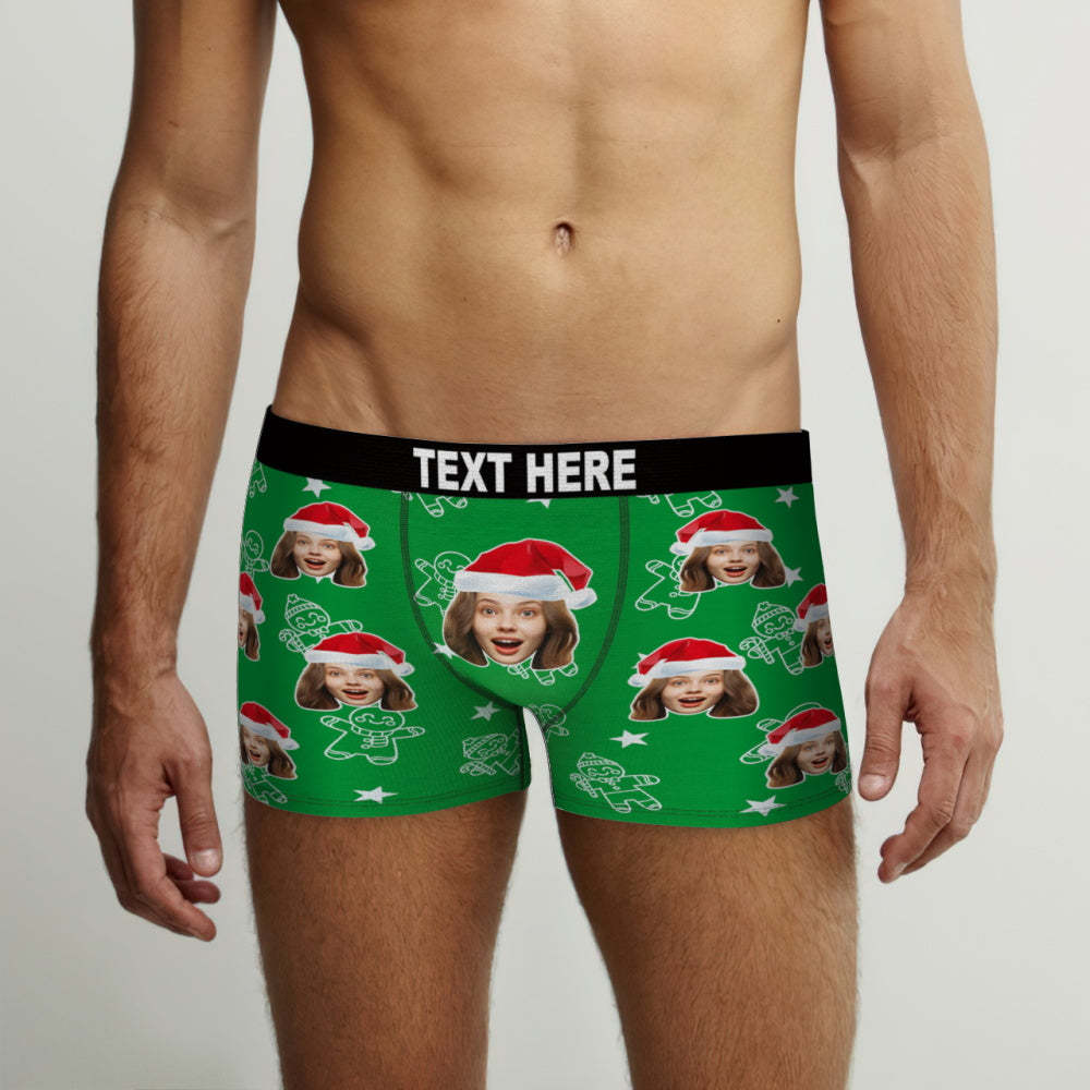 Custom Christmas Underwear with Face Personalized Boxers Printed with Biscuit Pattern & Hats Gift for Boyfriend - MyFaceBoxer