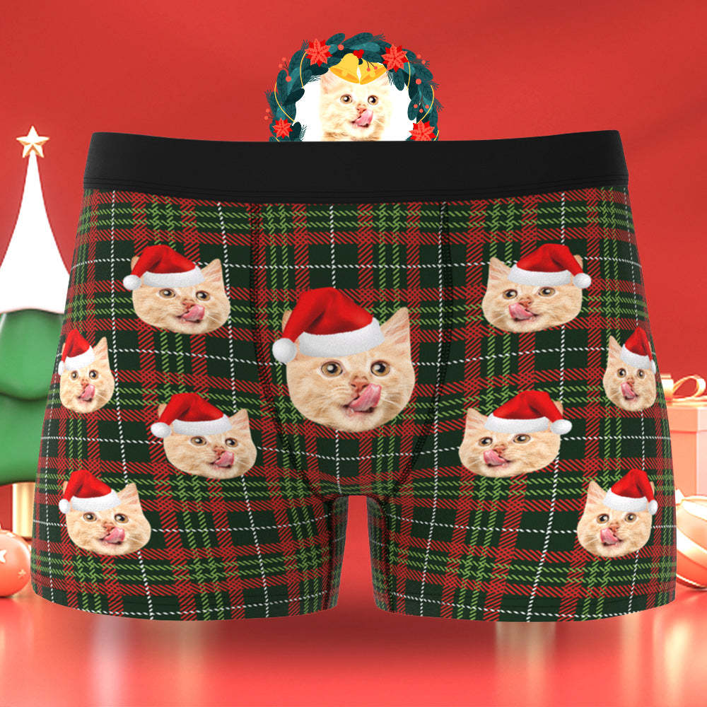Custom Face Men's Boxers Briefs Personalized Men's Christmas Shorts Gift With Photo Check Pattern - MyFaceBoxer