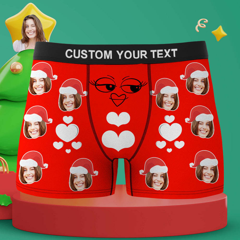 Custom Christmas Boxer Santa Hat Boxer Personalized Mens Heart Underwear Santa Gift for Him - MyFaceBoxer