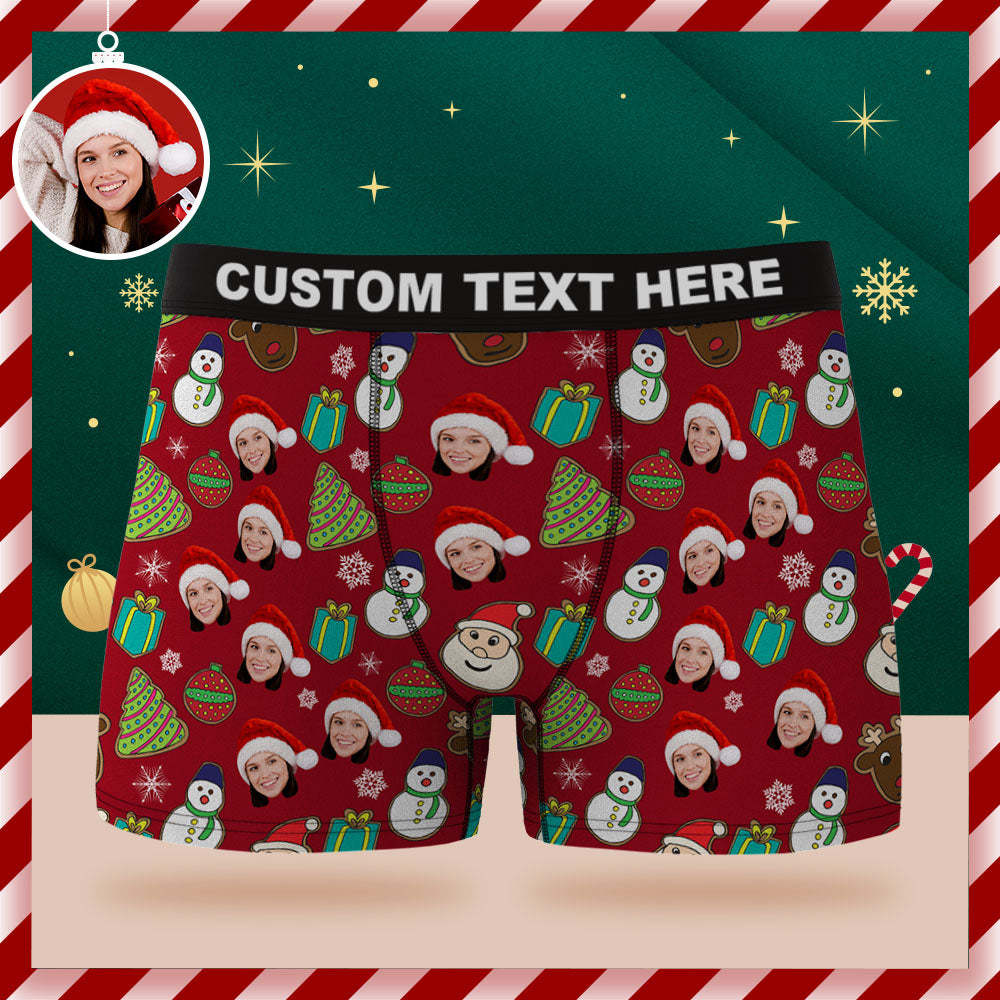 Custom Face Boxer Briefs Personalized Red Underwear Santa Claus Snowman and Elk Merry Christmas Gift for Him - MyFaceBoxer
