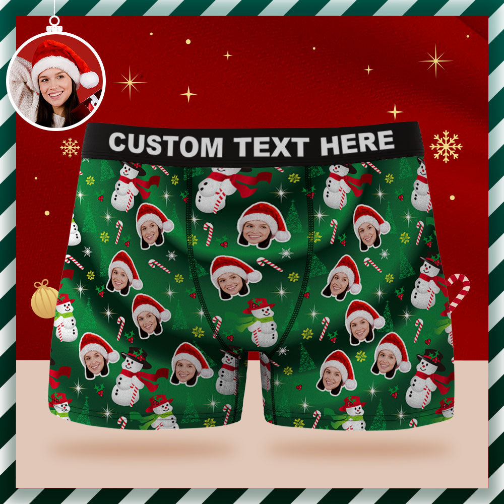 Custom Face Boxer Briefs Personalized Green Underwear Snowman Christmas Gifts for Him - MyFaceBoxer